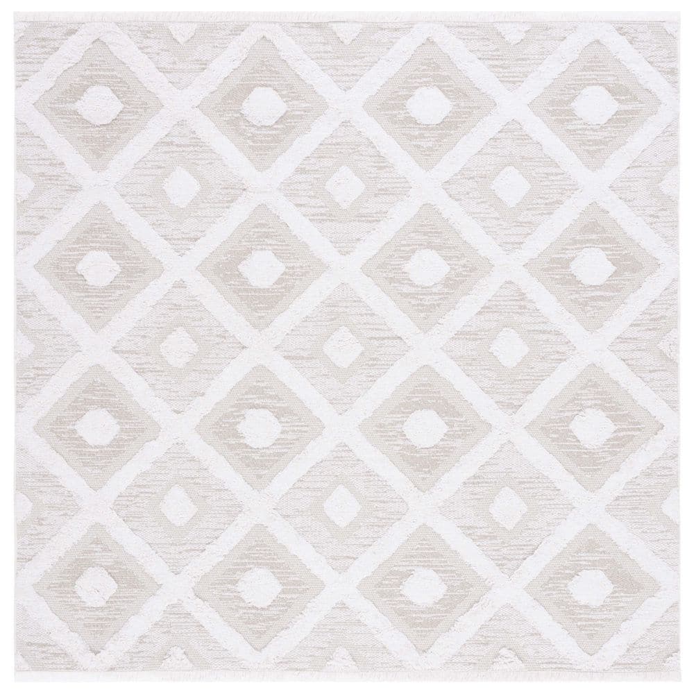 Beige and Ivory Geometric Synthetic Square Area Rug, 6'4" x 6'4"