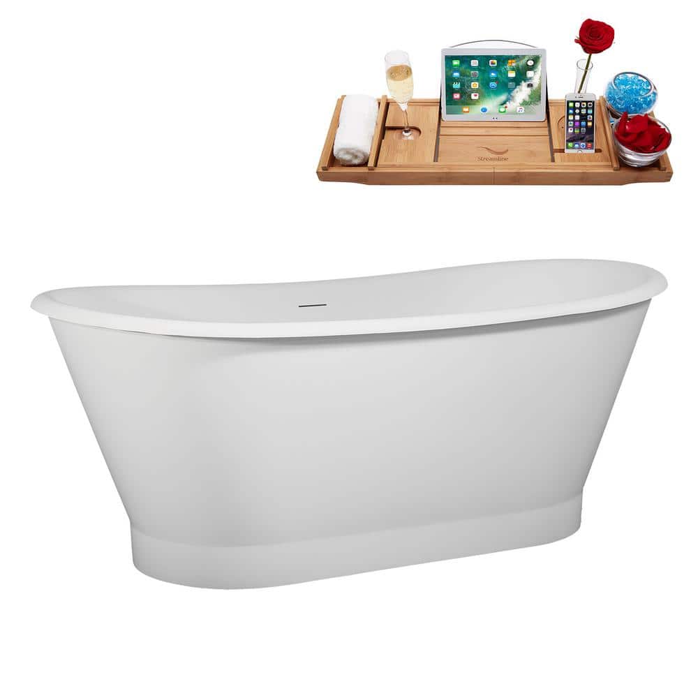 67" Matte White Acrylic Freestanding Soaking Tub with Brushed Nickel Trim