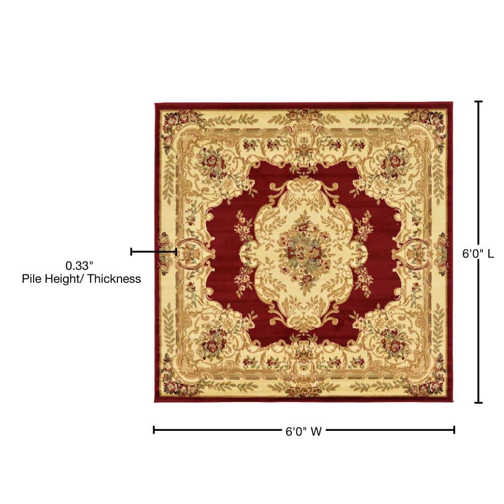 Elegant Versailles Red Square Synthetic Rug, 6'x6', Stain-Resistant