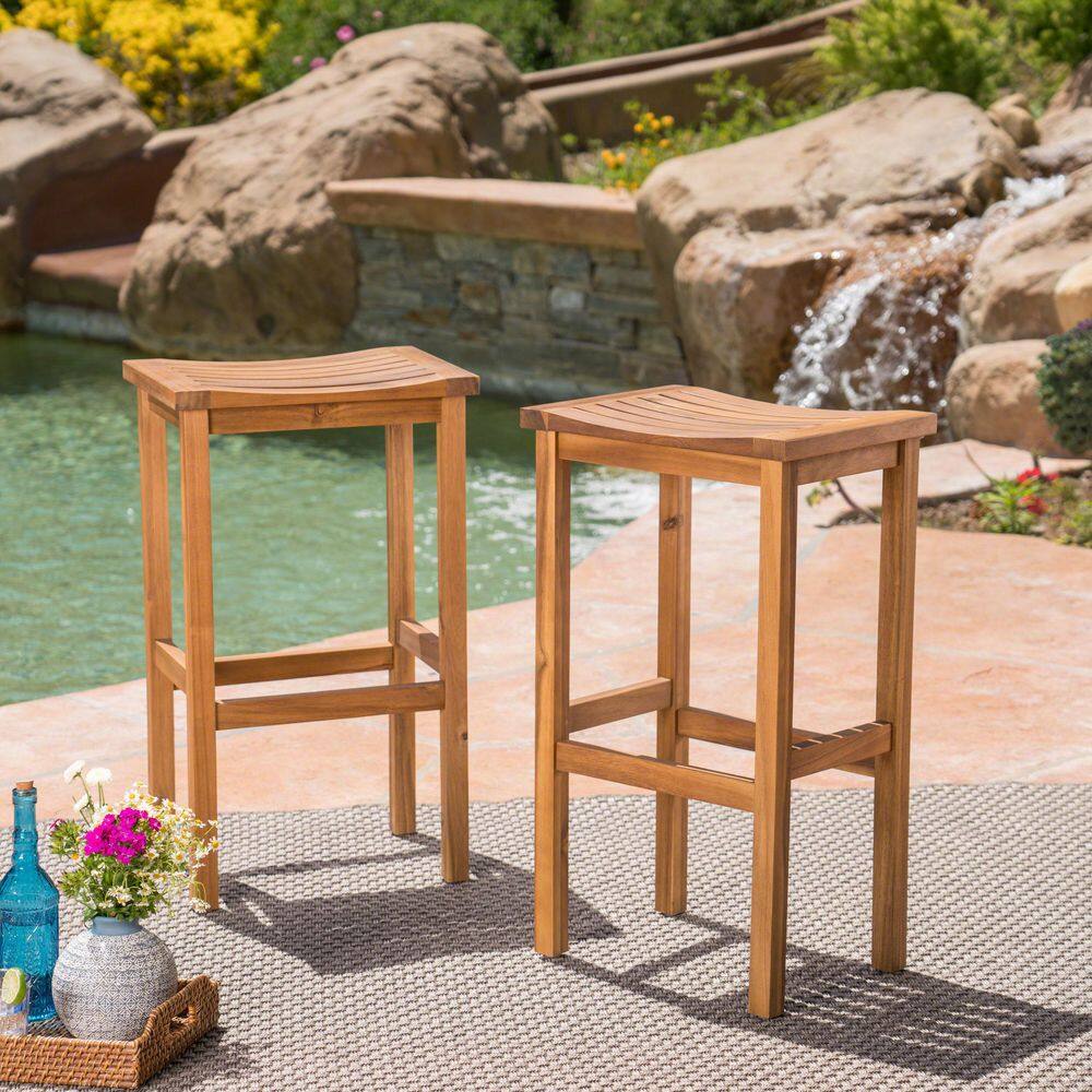 Natural Acacia Wood Saddle Seat Bar Height Stools, Set of 2