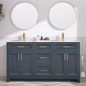 60 in. W. x 22 in. D x 34 in. H Freestanding Shaker Single Sink Bath Vanity Bathroom in Navy Blue with Solid Surface Top