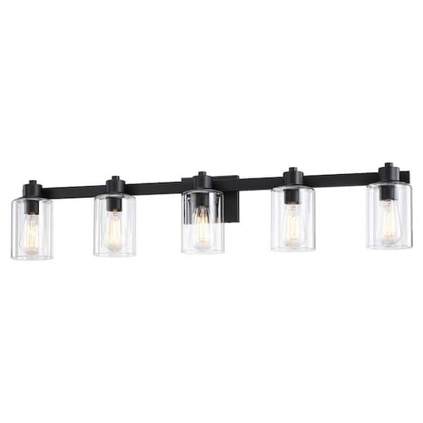 41 in. 5 Light Matte Black Vanity Light with Clear Glass Shades