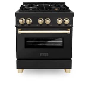 Autograph Edition 30 in. 4 Burner Dual Fuel Range in Black Stainless Steel and Polished Gold