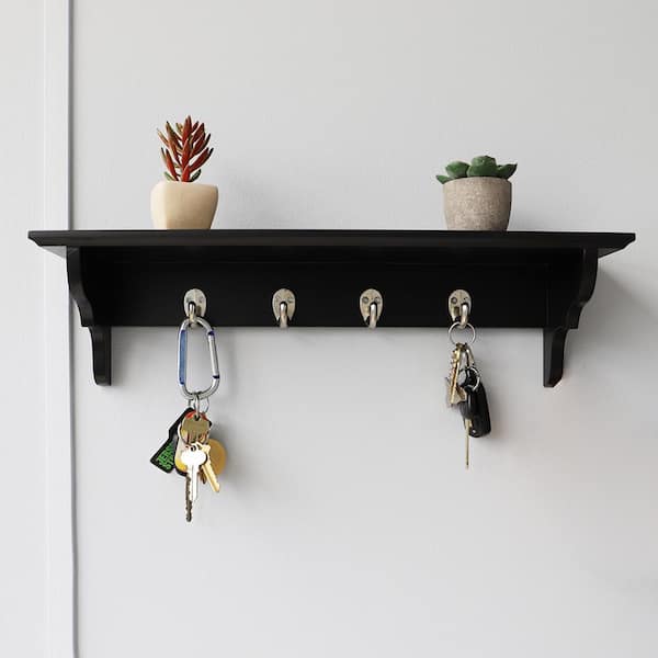 Home Basics Wood Floating Shelf with Key Hooks in Black HDC94950 - The Home  Depot