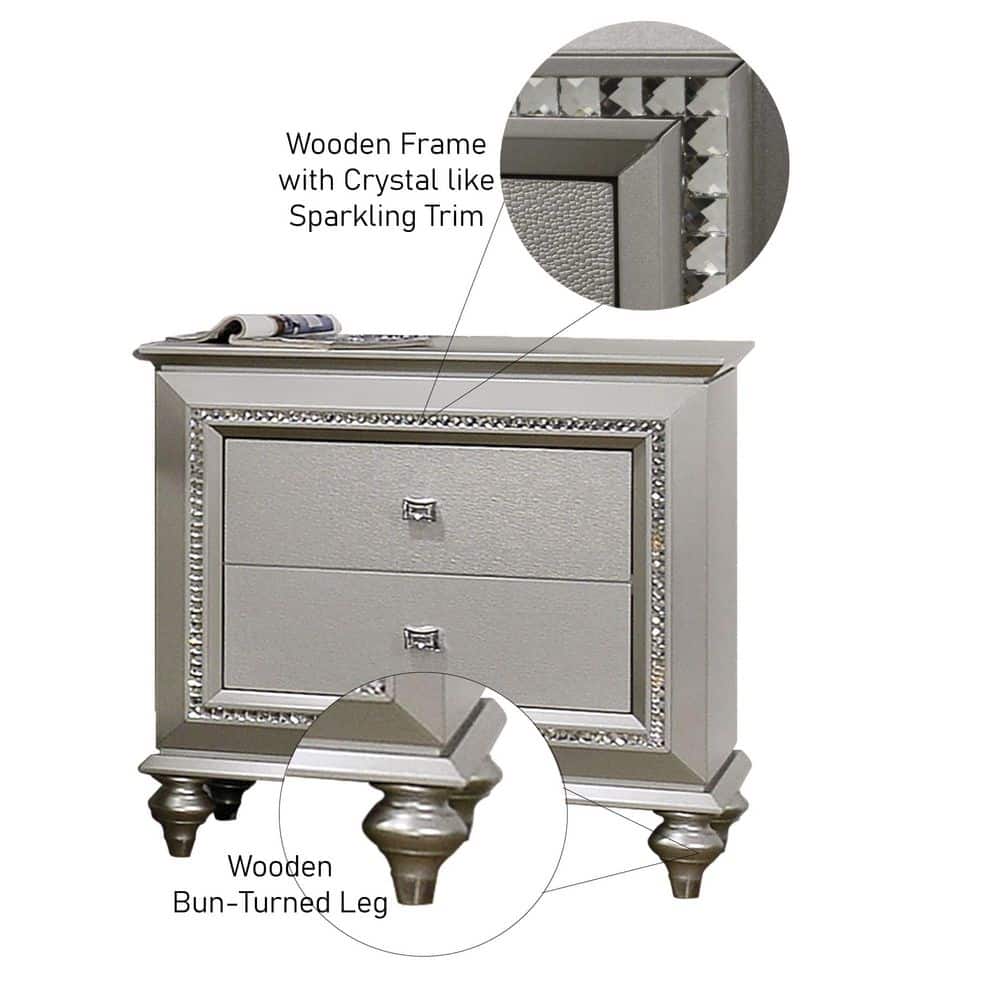 Kaitlyn Champagne Glam 2-Drawer Nightstand with Crystal Trim