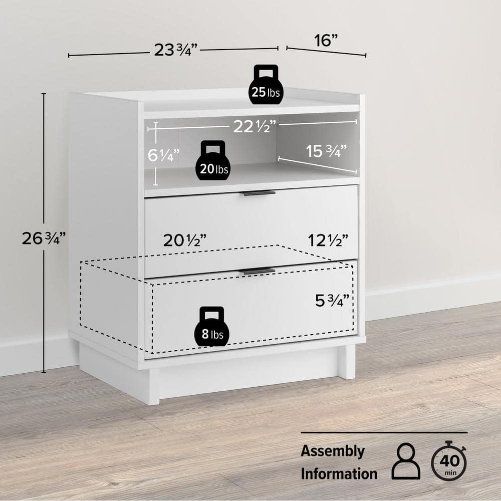 Simply Modern White 2 Drawer Nightstand with Open Shelf
