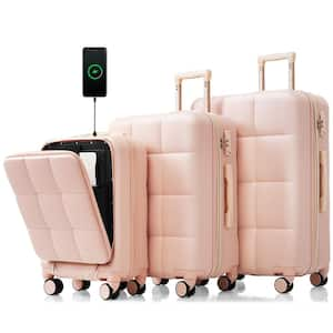 3-Piece Pink 20"24"28" Expandable ABS Spinner Luggage Set with USB Port, Front Opening Design(20"), 3 Cup Holders