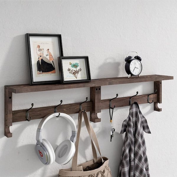 31.5 in. W x 4.5 in. D Brown Decorative Wall Shelf Coat Wall Shelf with 10 Hooks