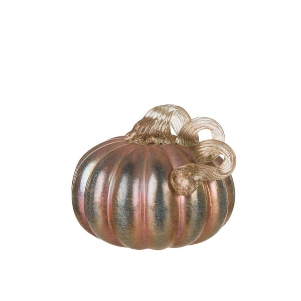 Glitzhome 5.12 in. H Pumpkin Glittery Small Round Glass in Blue/Gold