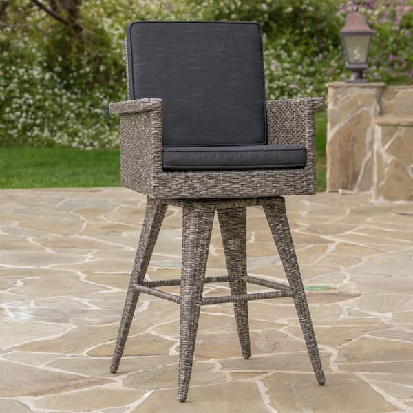 Mixed Black and Dark Grey Patio Wicker Swivel Outdoor Bar Stool with Cushions