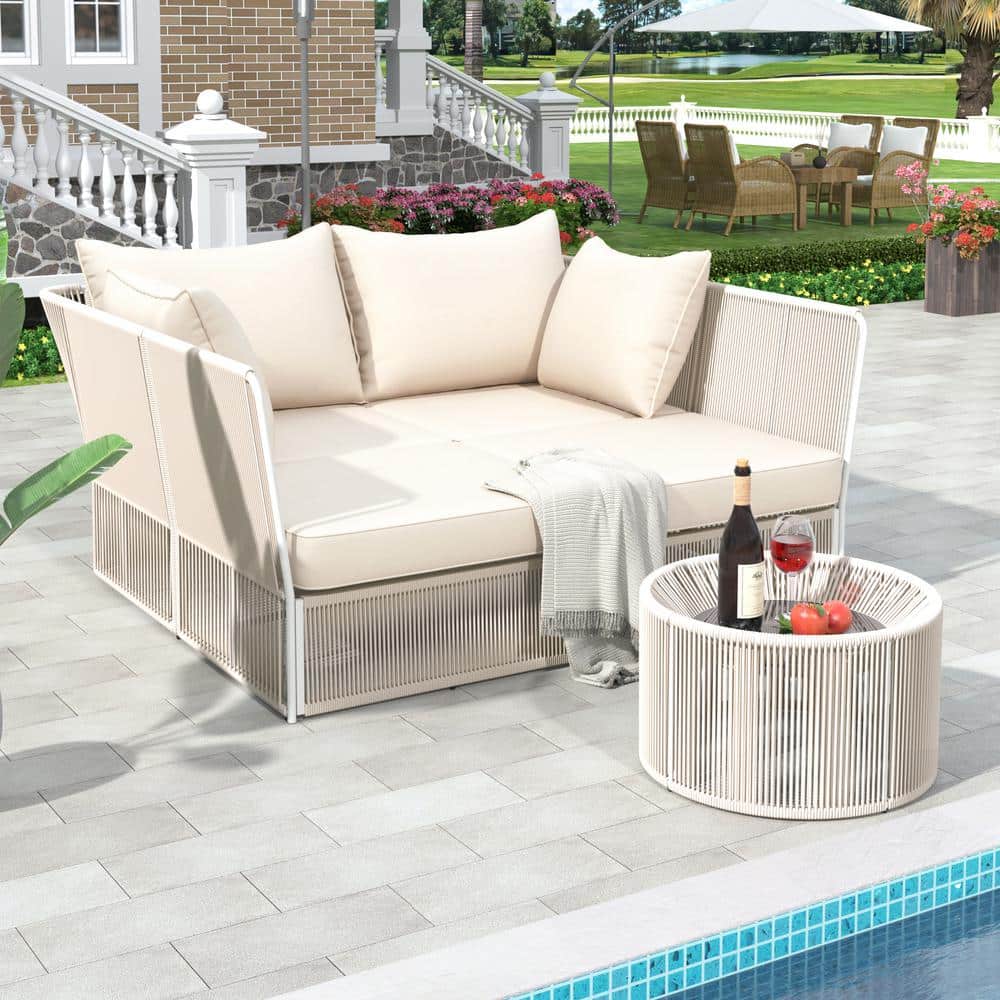 2-Piece Sling Outdoor Day Bed and Table Set, Patio Chaise Lounger Loveseat,