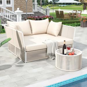 2-Piece Sling Outdoor Day Bed and Table Set, Patio Chaise Lounger Loveseat, Sunbed with Woven Rope and Cushions, Beige