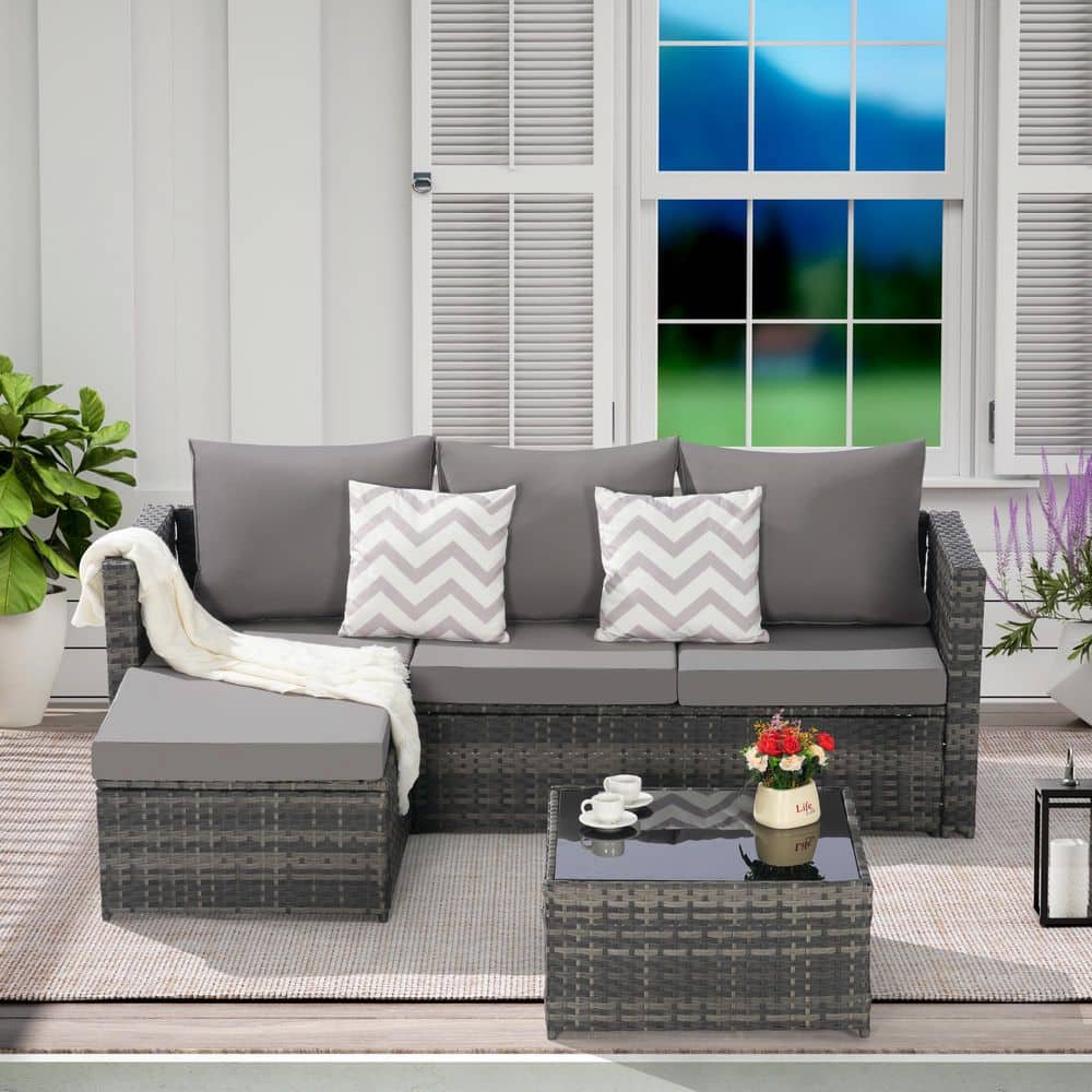 3-Piece Wicker Outdoor Sectional Set with Dark Gray Cushions and Coffee Tab