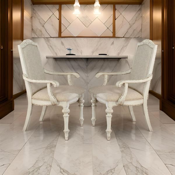 Benjara White Fabric Arm Chair with Intricate Carvings (Set of 2)