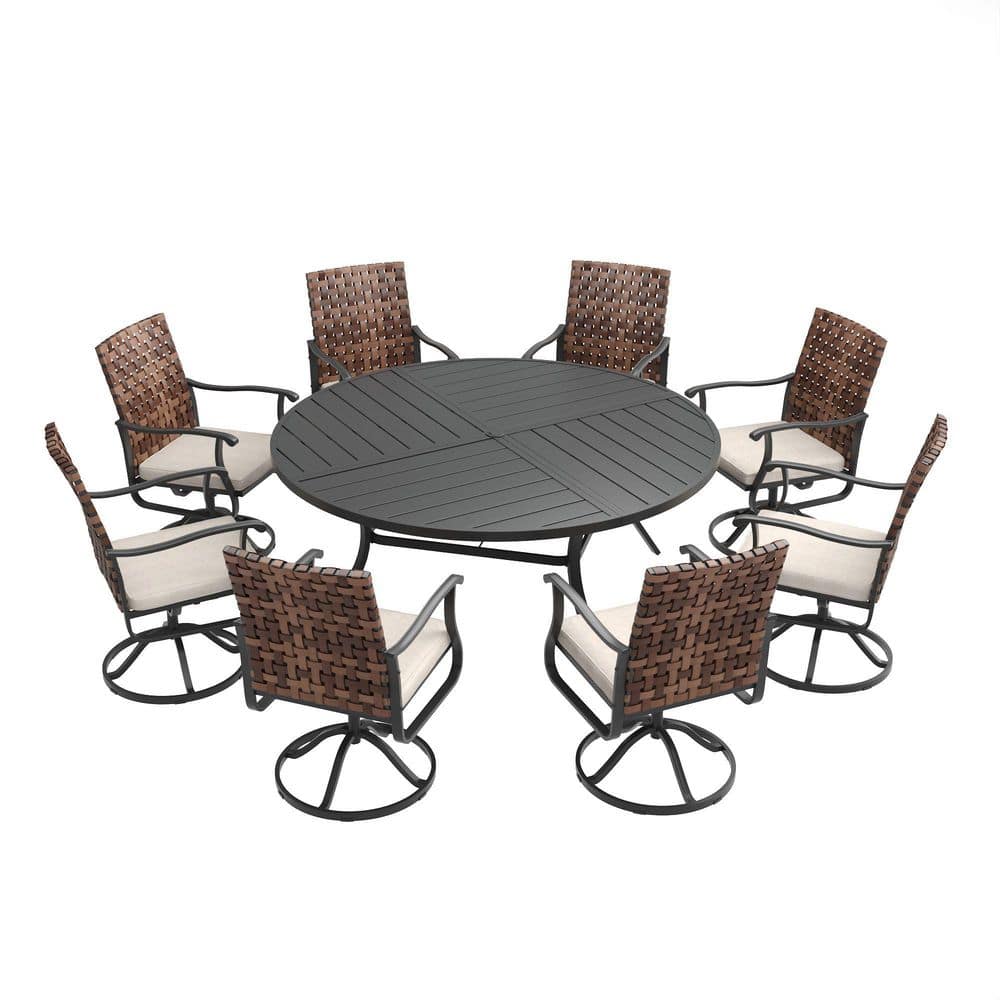 9-Piece Metal Outdoor Dining Set with 63 in. Black Round Table and 8 Brown Wicker Swivel Chairs with Beige Cushions price history on PriceWatchPro