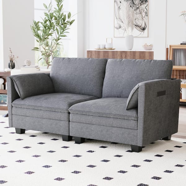 Noble House Zahir 74 in. Grey Upholstered Fabric 2-Seater Loveseat with Side Pocket