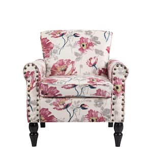 Mid-Century Pink and White Multicolor Floral Linen Upholstered Accent Armchair with Wooden Legs (Set of 1)