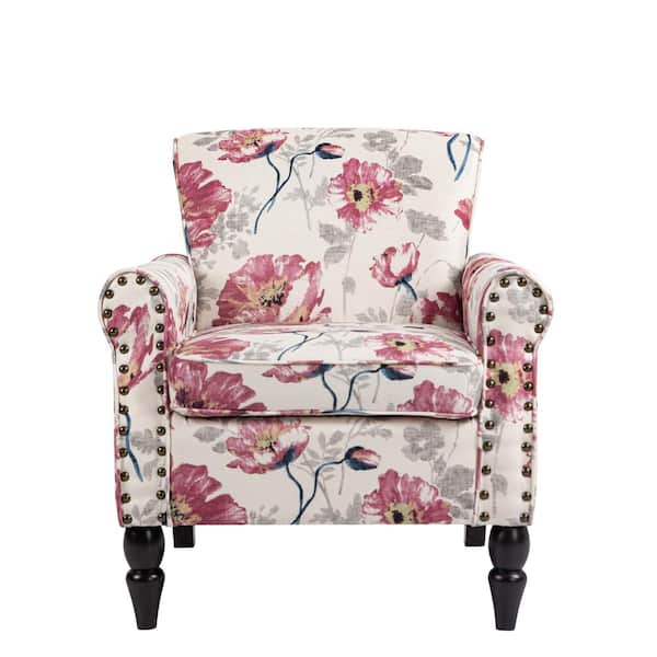 Uixe Mid-Century Pink and White Multicolor Floral Linen Upholstered Accent Armchair with Wooden Legs (Set of 1)