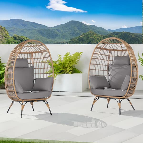 SANSTAR 2 Pieces Oversized Outdoor Brown Rattan Egg Chair Patio Chaise Lounge Indoor Basket Chair with Gray Cushion