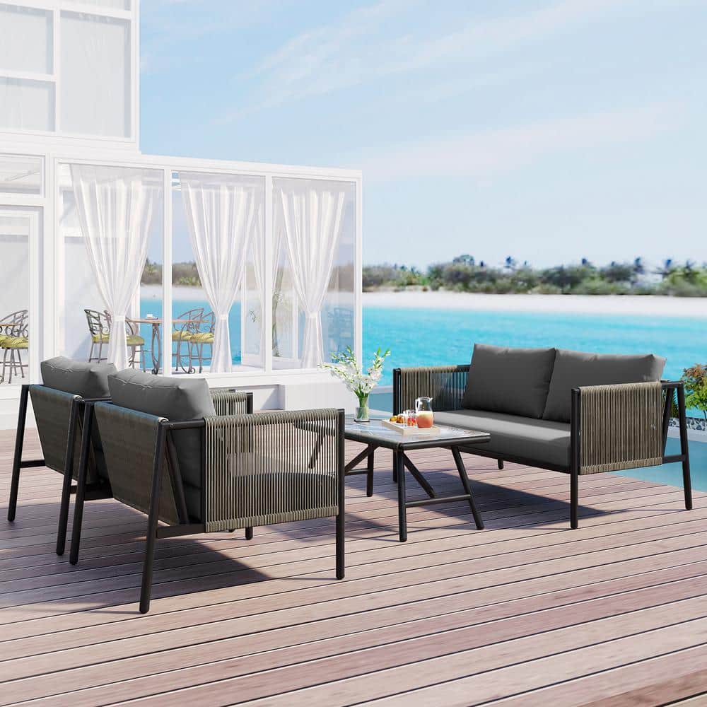 4-Piece All-Weather Hand-woven Wicker Patio Conversation Set with Gray Cush