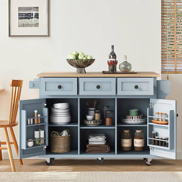 Cesicia Blue Rubber Wood Drop-Leaf Desktop 53 In. W Kitchen Island On 5 ...