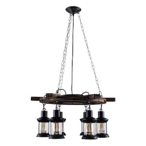 27.5 in. 6-Light Brown Chandelier Farmhouse Style Wood Round Wagon Wheel with Glass Shades