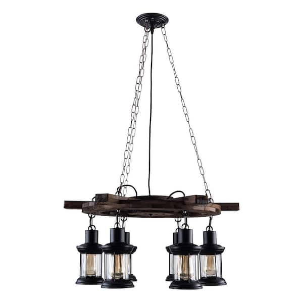 OUKANING 27.5 in. 6-Light Brown Chandelier Farmhouse Style Wood Round Wagon Wheel with Glass Shades