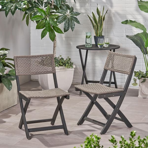 Gray Acacia Wood Folding Lawn Chair, Bistro Chair with Wicker Seat (Set of 2)