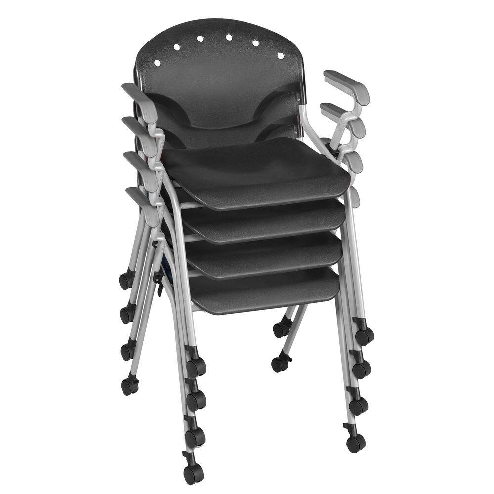 Rico Plastic Classroom Training Mobile Office Stack Chair in Black with Arms-4 Pack