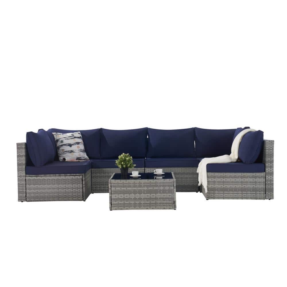 7 Pieces Mix Grey Wicker Patio Conversation Set Outdoor Complete Patio Set 