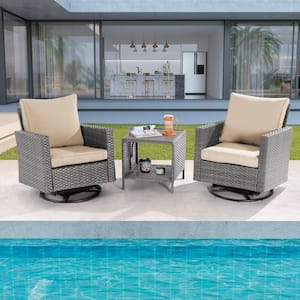 3-Piece Gray Wicker Outdoor Swivel Rocking Chairs Patio Bistro Set with Side Table Linen Flax Beige Cushion