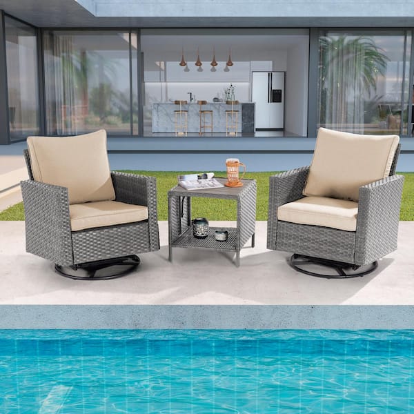 Sonkuki 3-Piece Gray Wicker Outdoor Swivel Rocking Chairs Patio Bistro Set with Side Table Linen Flax Beige Cushion