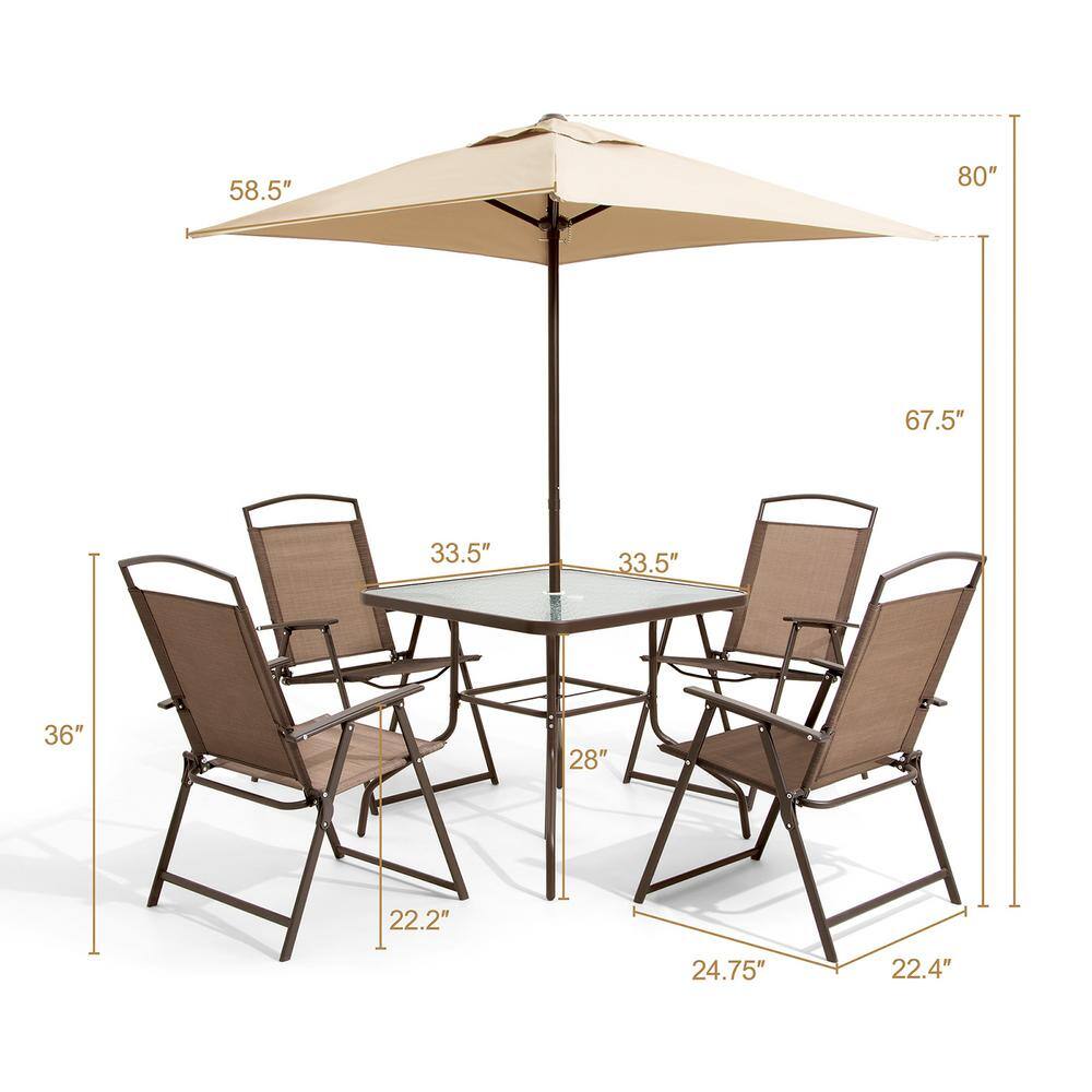 6-Piece Brown Steel and Glass Outdoor Dining Set with Tan Umbrella