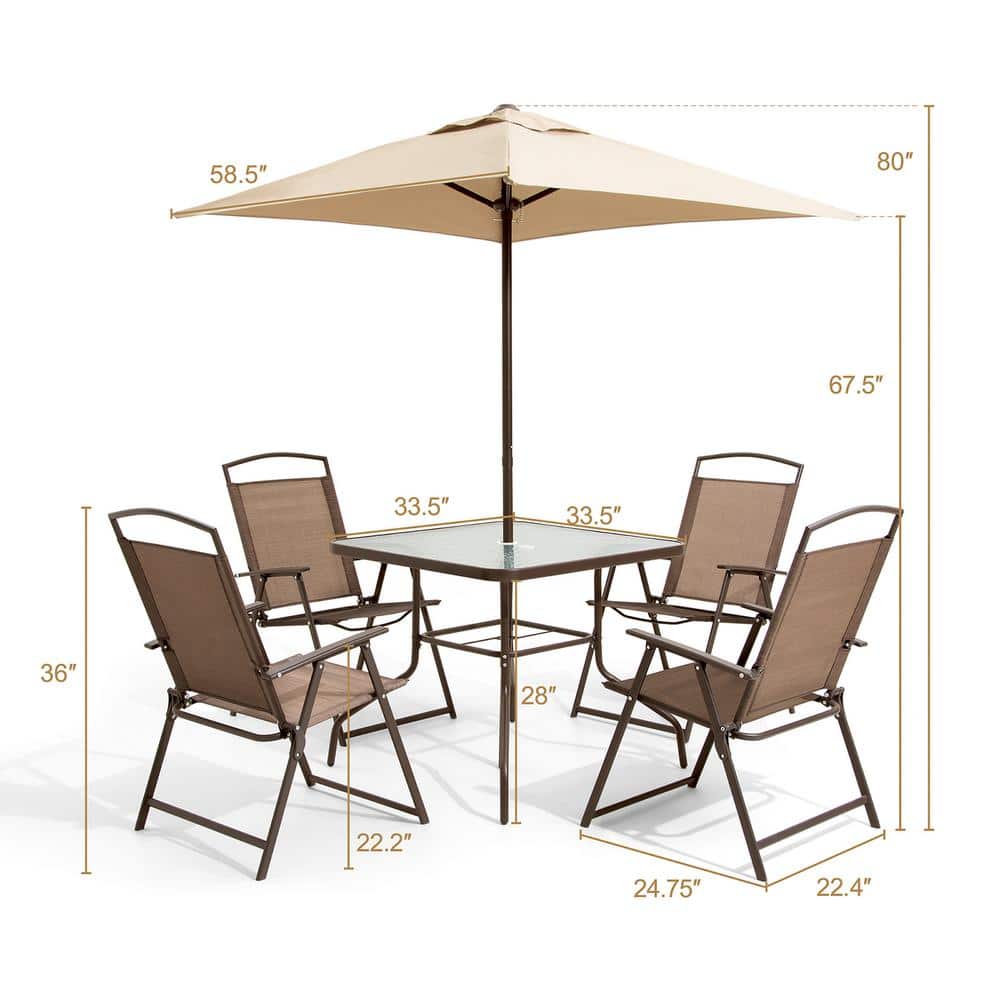 6-Piece Brown Steel Patio Dining Set with Tempered Glass Table and Umbrella