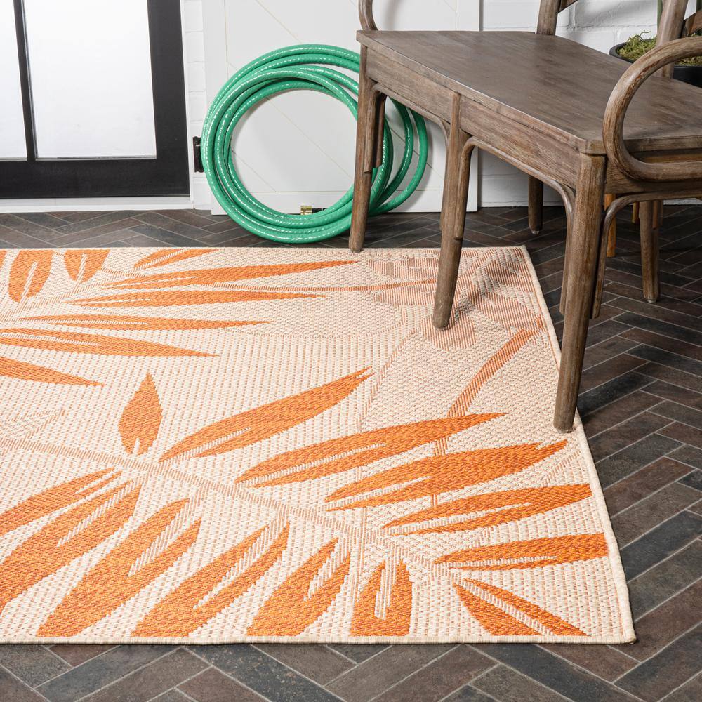 Tropical Palm Leaf Cream/Orange 5x8 Indoor/Outdoor Easy-Care Rug