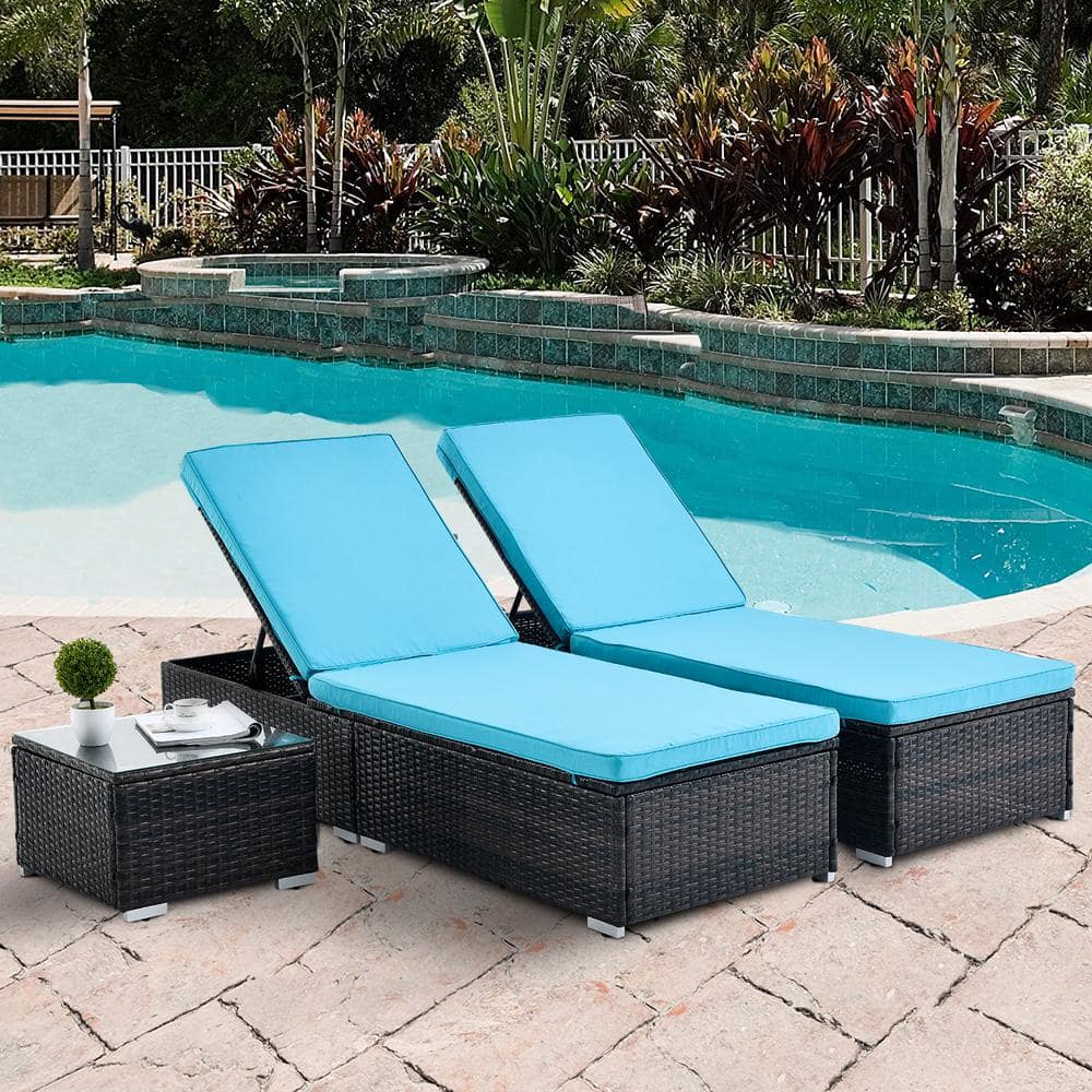 3-Piece Brown Metal Outdoor Patio Chaise Lounge Chair, Lying in bed with Re