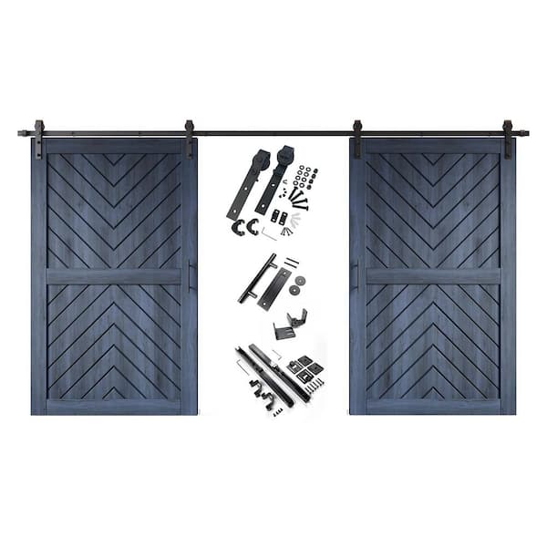 JT4 50 in. x 80 in. C-Panel Navy Fishbone Design Double Pine Wood Sliding Barn Door with Hardware Kit