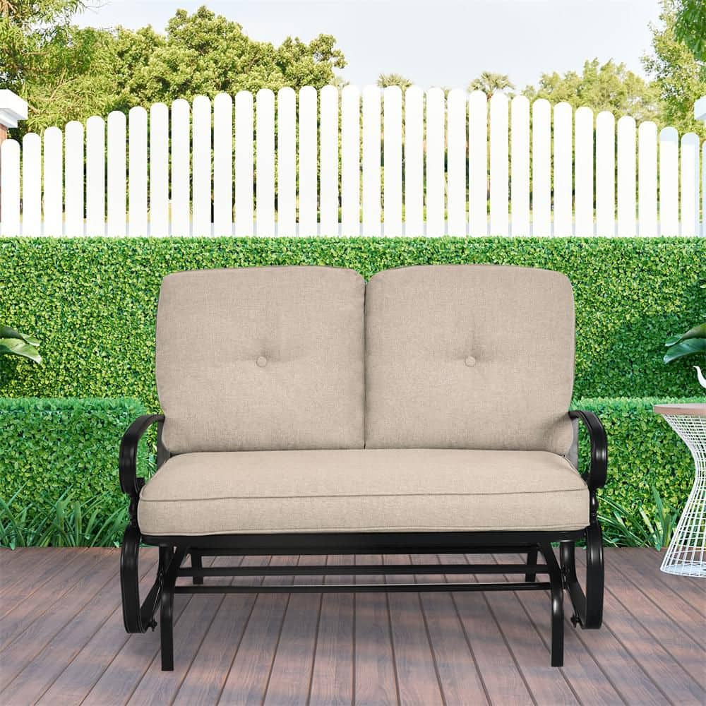 2-Person Outdoor Metal Bench Patio Swing Glider Chair with Cushions Rocking Chair Cushioned Sofa Beige price history on PriceWatchPro