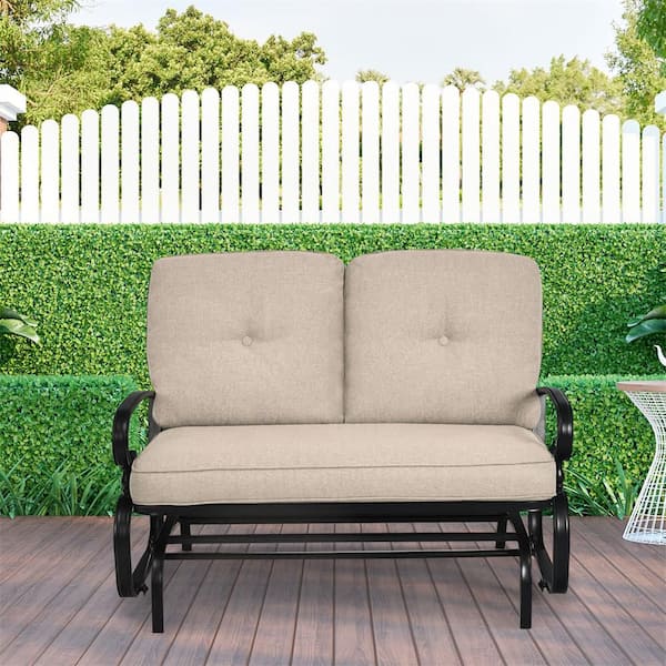 2-Person Outdoor Metal Bench Patio Swing Glider Chair with Cushions Rocking Chair Cushioned Sofa Beige