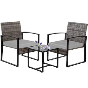 3-Piece Light Gray Wicker Patio Bistro Conversation Set with Gray Cushions for Porch, Backyard and Garden