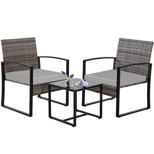 JUSKYS 3 Piece Light Gray Wicker Patio Bistro Conversation Set With Gray Cushions For Porch