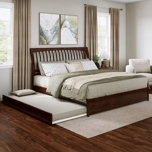 AFI Roslyn Walnut Brown Solid Wood Frame King Platform Bed with Panel Footboard Twin XL Trundle