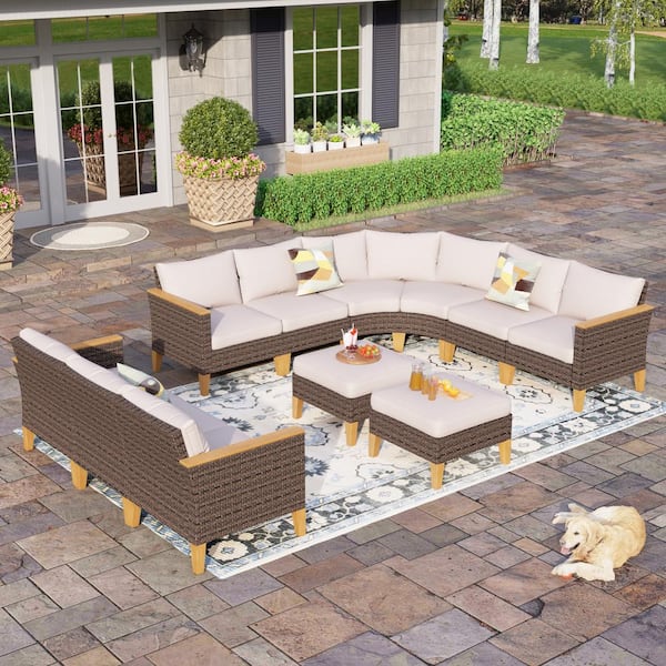 PHI VILLA Brown Rattan Wicker 11 Seat 11-Piece Steel Patio Outdoor Sectional Set with Beige Cushions
