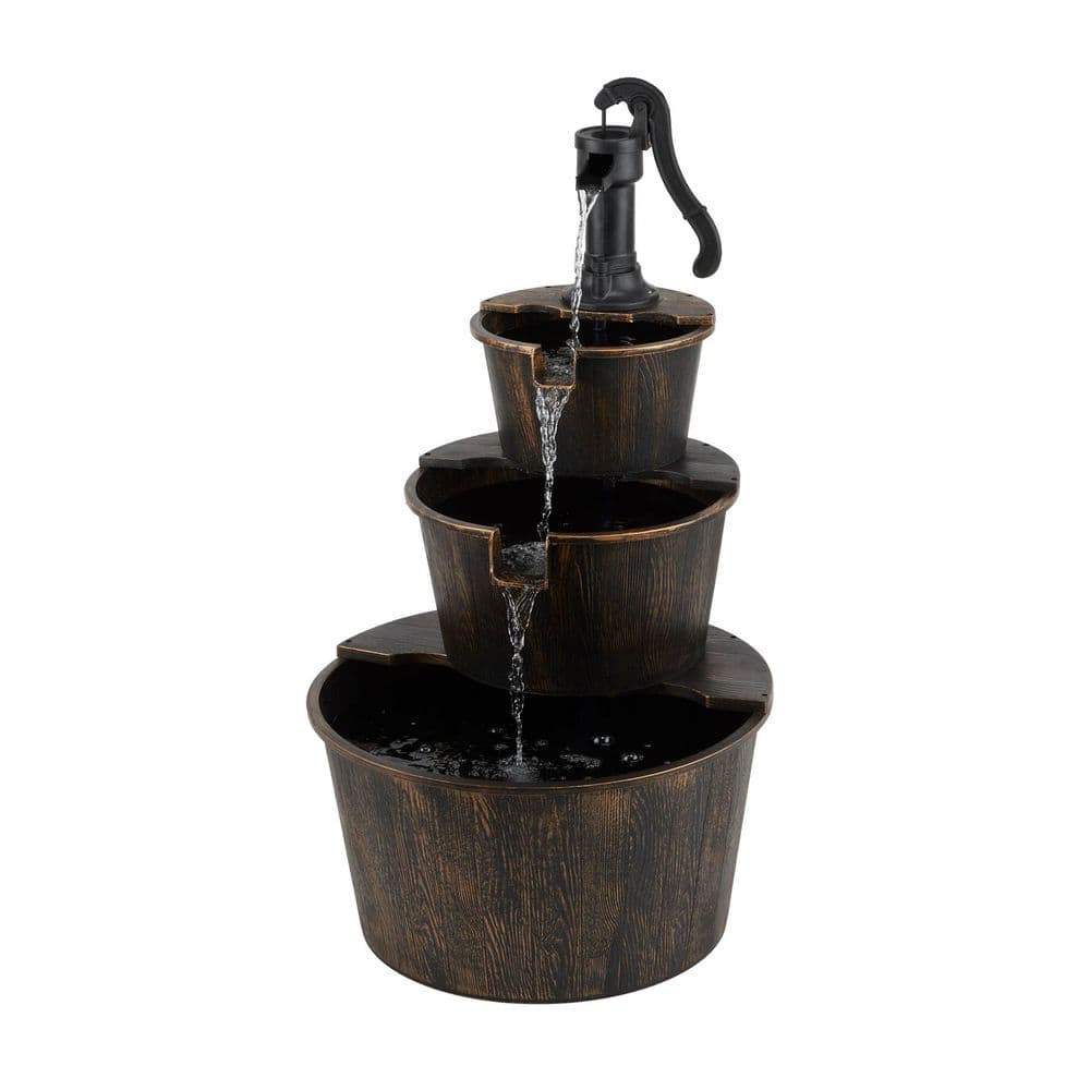40 in. Tall Outdoor 3-Tier Rustic Barrel Pump Waterfall Fountain, Brown price history on PriceWatchPro
