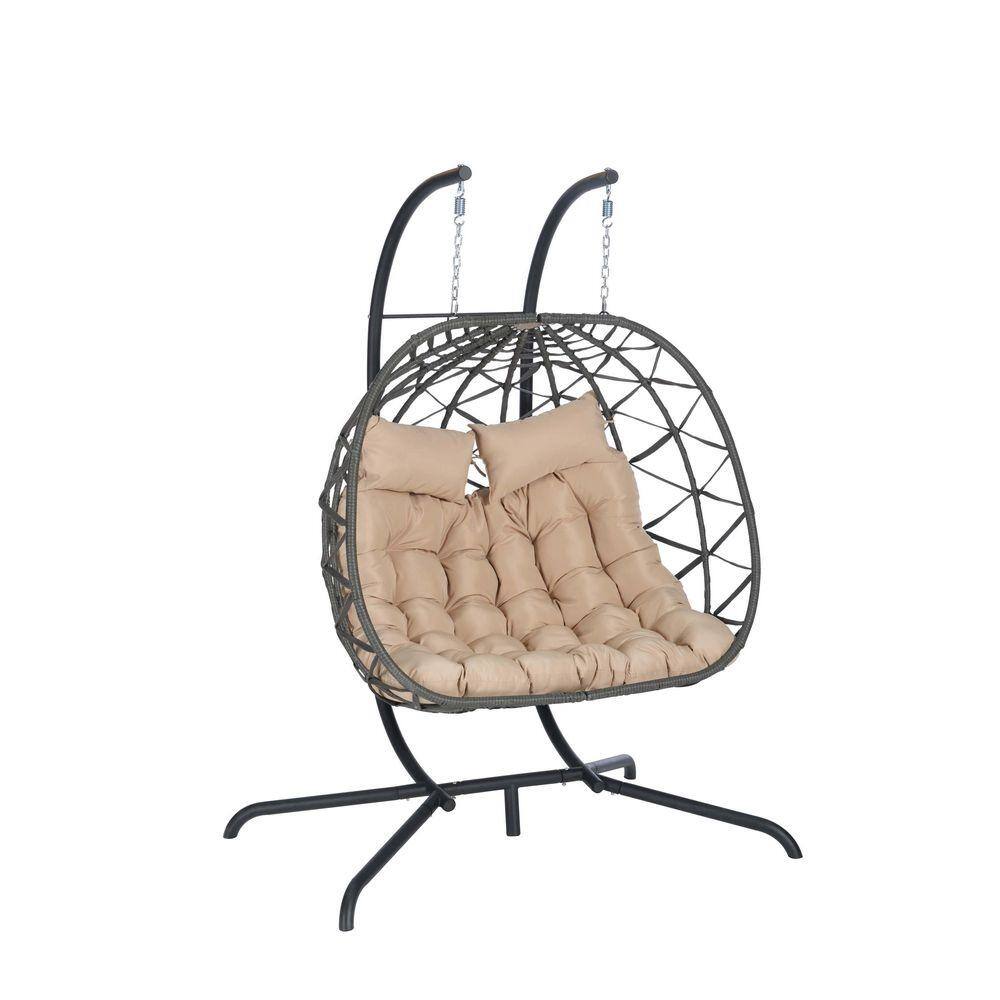 Outdoor Wicker Porch Swing Double Egg Chair with Stand Hanging and Khaki Cushions