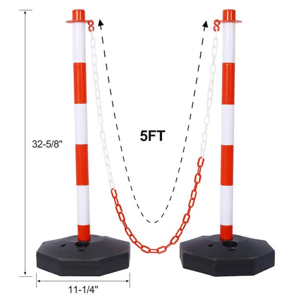 12-Pack White/Red Plastic Safety Barrier Post w/Fillable Base, 5 ft. Plastic Chain for Traffic Control and Warning W/R