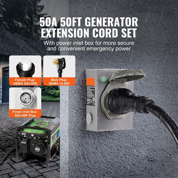 50 FT., 50 Amp 125 Volt NEMA 14-50P/SS2-50R, Twist Lock Connector Pre-Drilled Inlet Box 6/3+8/1 Generator Extension Cord