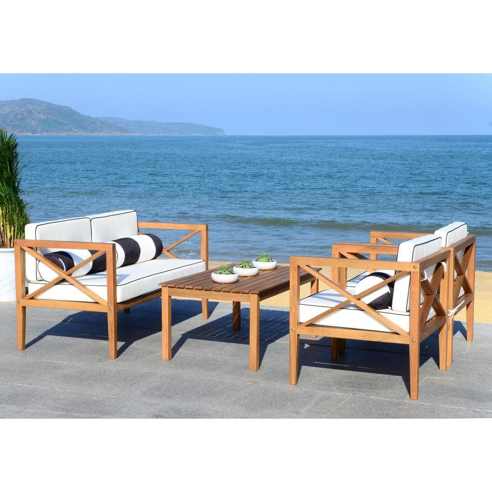 Nunzio Natural Teak Wood 4-Piece Outdoor Set with White Cushions
