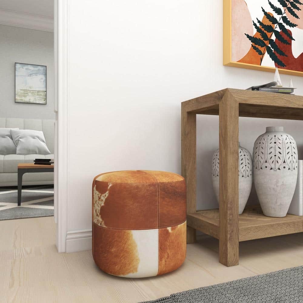 Handmade Patchwork Leather Cylinder Ottoman in Brown - 16" x 16" x 16"