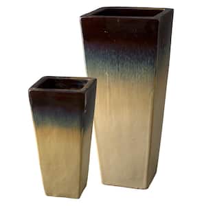 Ceramic Sq Tall Planters, Cream/Java s/two 10 in. x 24 in. x 14 in. x 35 in. H